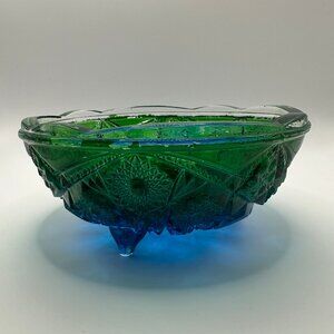 Vintage Jeanette Glass Blue/Green Cut Glass Tri-Footed Bowl